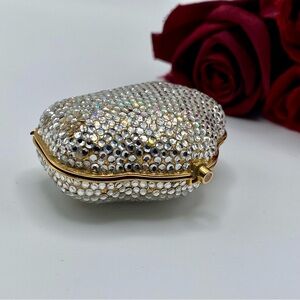 VTG Judith Leiber Scalloped Pillbox Swarovski Crystal Rose Quartz Push Button